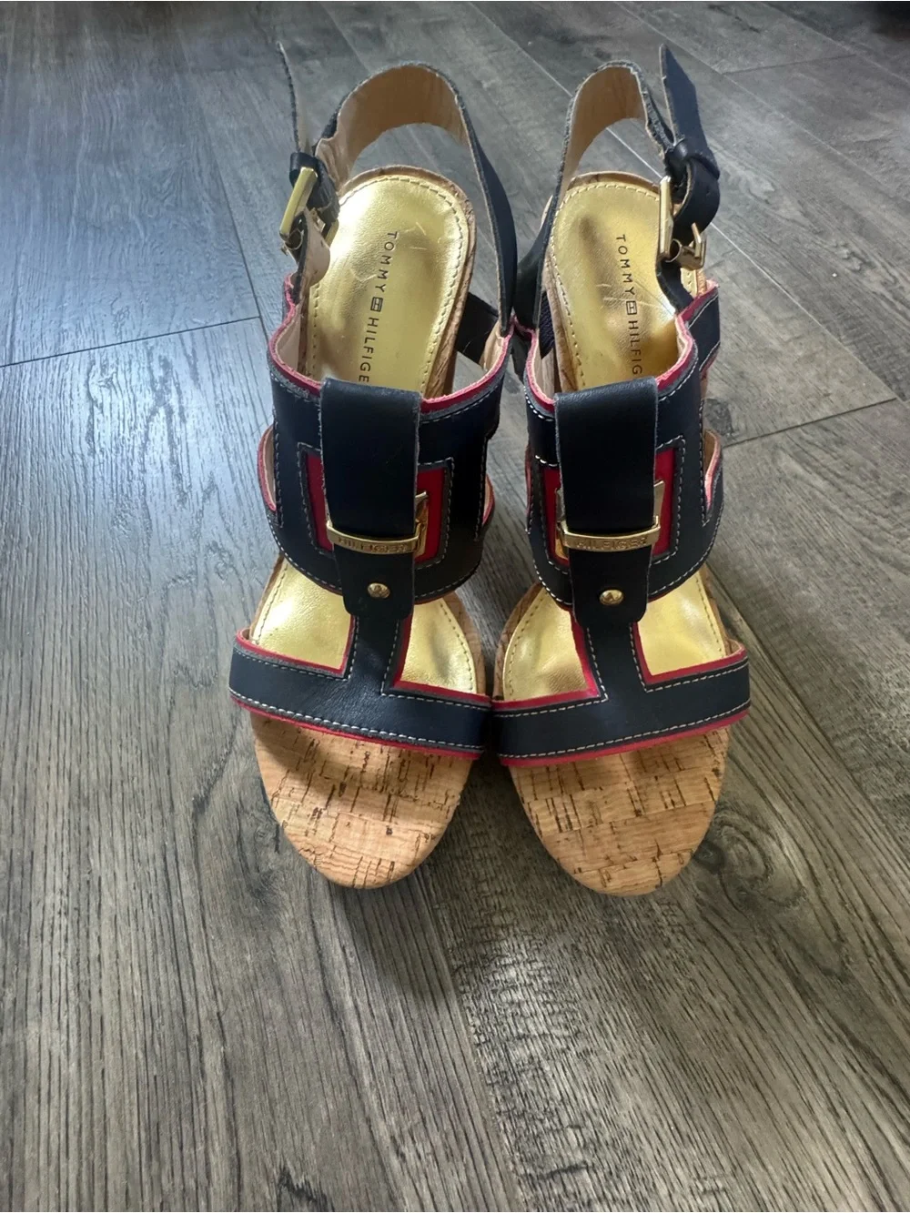 Tommy Hilfiger Black and Red Cork Wedge Sandals with Gold Hardware